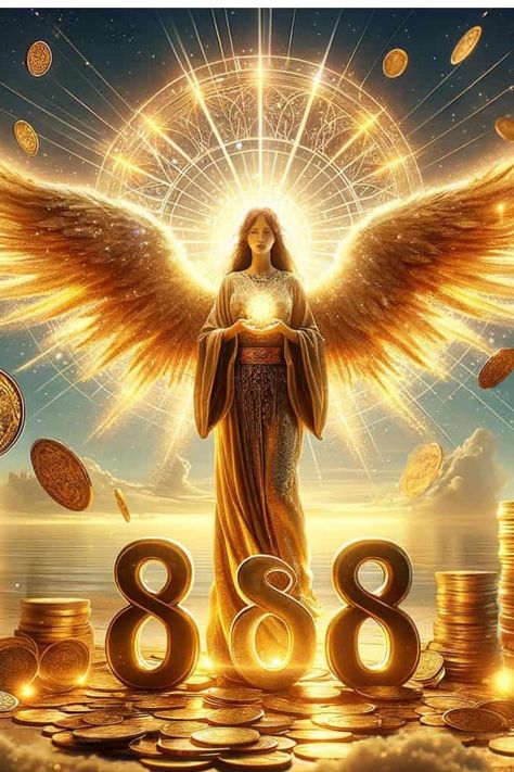 Angel with golden wings and radiant aura standing behind the number 888, surrounded by coins and celestial light. 888 Abundance, Angel Numbers 888, Spiritual Money, 888 Angel Number, Abundance Images, 888 Angel, Angel Number 888, Energy Positive, Angel Wings Art