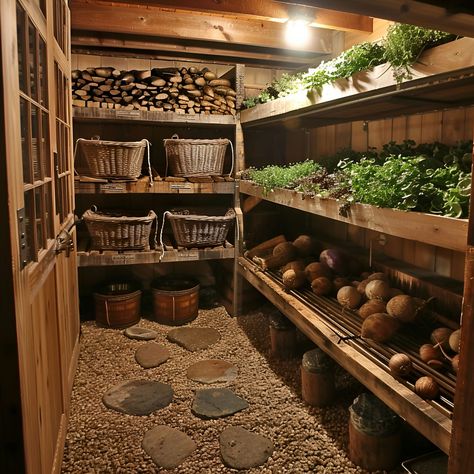 Explore this enchanting root cellar featuring rustic wooden shelves brimming with baskets of potatoes and vegetables. Pebbled floors enhance the old-world charm, while green plants on the upper shelves add a touch of life. The space is designed with a Scandinavian aesthetic, illuminated by natural lighting, creating a cozy and warm ambiance perfect for storage and winter contemplation. A small door connects this underground sanctuary to the outside, integrating nature and rustic elegance. Underground Storage Ideas, Outdoor Canning Area, Workshop Kitchen Design, Root Cellar Shelving, Root Cellar Under House, In Ground Root Cellar, Small Root Cellar Ideas, Root Vegetable Storage Kitchen, Underground Cellar Food Storage