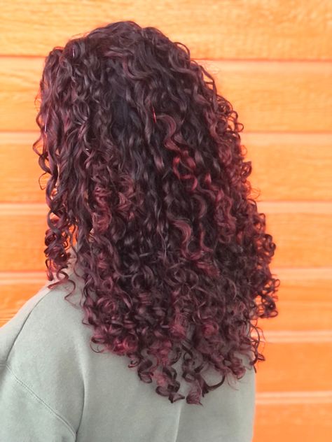 Red wine naturally curly hair curly type 3 by Hairstylist & Color Expert Carleen Sanchez Reno, Nevada “I create a magic filled salon experience for people with wavy/frizzy/curly hair” Burgundy Curly Hair Highlights, Type Of Red Hair Color, Ruby Red Curly Hair, Brownish Red Hair Curly, Black Red Hair Curly, Dark Red Hair On Curly Hair, Curly Maroon Hair, Dark Cherry Curly Hair, Dark Red Curly Hair Burgundy