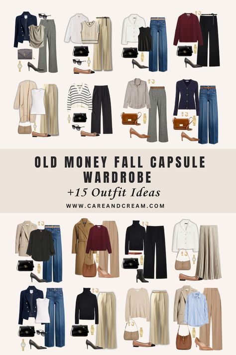 Elevate your fall style with our old money fall capsule wardrobe blog post. It offers 15 chic outfit ideas that encapsulate the old money fall fashion aesthetic. Discover fall wardrobe essentials that blend timeless elegance with the latest fall style. Go from casual to classy using our old money fall wardrobe guide. Plus: old money fall outfits, autumn outfits. Autumn Outfits With Sneakers, Old Money Fall Capsule 2024, Classy Fall Capsule Wardrobe, Quiet Luxury Fashion On A Budget, Old Money Fall Outfits Women 2024, Old Money Business Aesthetic, Old Money Fall Capsule Wardrobe, Petite Autumn Outfits, Old Money Fall Wardrobe