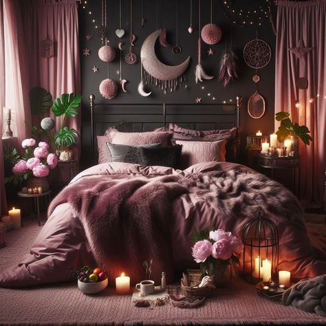 Gray Black And Pink Bedroom Ideas, Girly Witchy Bedroom, Black Floral Bedroom, Black Pink Bedroom Ideas, Pink Gothic Bedroom, Bedroom Ideas Witchy, Halloween Decorations Indoor Bedroom, Dark Boho Bedroom Aesthetic, Moody Pink Bedroom