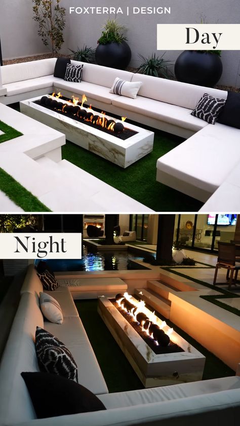 Looking for small backyard landscape design inspiration & outdoor fire pit seating ideas? This modern sunken seating outdoor lounge area adds the perfect amount of entertaining space to this small backyard design! Tour this modern luxury backyard here & see inside this incredible design! Outdoor Fire Pit Seating Ideas, Modern Luxury Backyard, Fire Pit Seating Ideas, Sunken Seating Area, Small Backyard Landscape, Luxury Fire Pit, Sunken Seating, Outdoor Hosting, Backyard Landscape Design