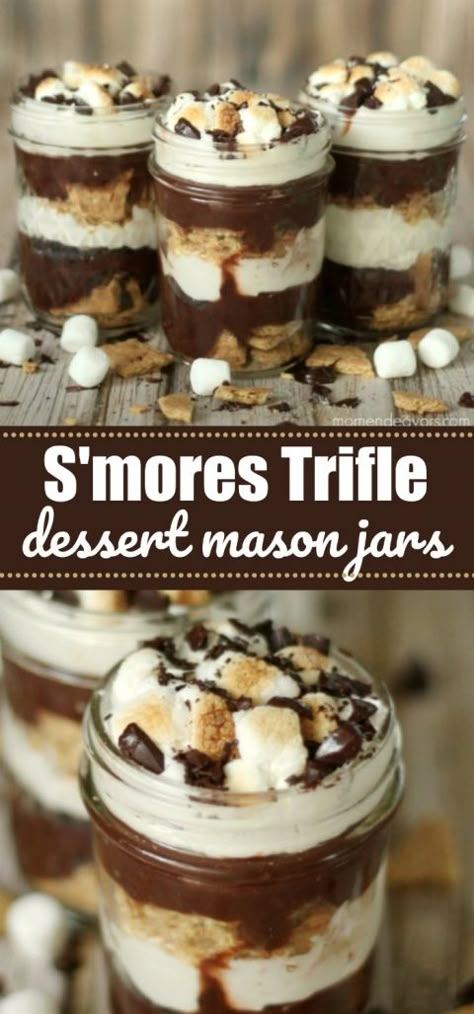 Brownie Jar Desserts, Smores Trifle Recipe, Oui Jar Desserts, Easy Jar Desserts, Trifle Cups Individual, Mini Trifles Desserts, Jar Cakes Recipes, Cake Jars Ideas Dessert Recipes, Dessert Jars Ideas