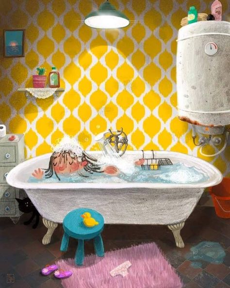 Maya Fidawi on Instagram: “Added some details here and there, can you spot them?  . #illustration #art #illustrationart #artistsofinstagram #illustratorsofinstagram…” Bathroom Illustration Drawing, Easy Illustration Art, Bathtub Illustration, Easy Illustration, Bathroom Illustration, Bath Art, Shower Time, Art Bathroom, 7 Hours