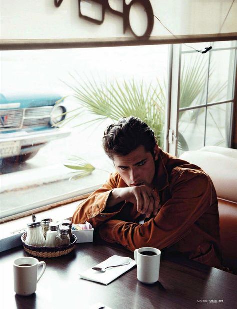 Sean O'Pry, GQ Germany. People Drinking Coffee, Sean O'pry, Robert Doisneau, Retro Diner, American Diner, Men Photoshoot, Mens Editorial, Paris Texas, Poses For Men