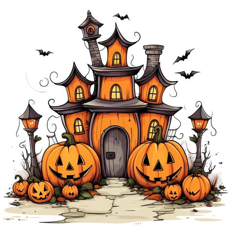 Fun Halloween Drawings, Halloween Ideas Drawings, Halloween Cute Illustration, Pumpkin House Drawing, Halloween Pumpkins Drawing, Halloween House Drawing, Printable Halloween Images, Cute Fall Drawings, Halloween Card Ideas