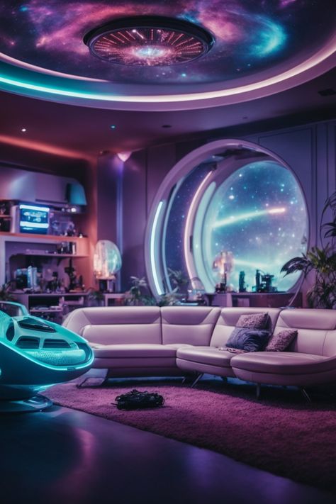 Embark on an interstellar journey in this ultra-modern living room, where Alien wall decor and celestial grace envelop you. Curved, sleek furnishings with ambient lighting create a spaceship-like sanctuary. The walls come alive with vibrant Alien wall art, depicting breathtaking cosmic events. The ceiling's elliptical light feature commands attention, whilst the lush plants offer an earthly connection. Space Theme Living Room, Spaceship Inspired Interior, Space Themed Living Room, Spaceship Living Room, Galactic Room, Living In Spaceship, Alien Room Aesthetic, Cyberpunk Rooms, Spaceship Interior Aesthetic