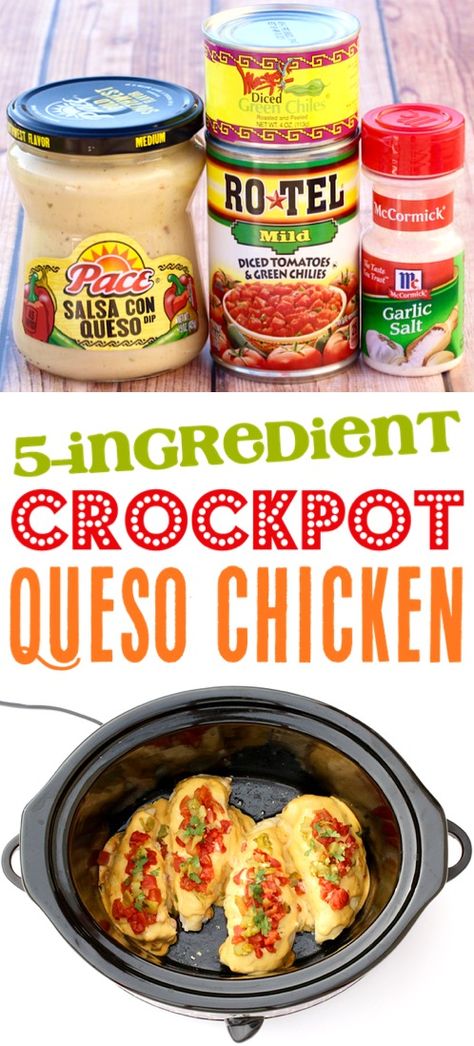 Crock Pot Queso Chicken Recipe! {Just 5 Ingredients} - The Frugal Girls 2hr Crockpot Meals, Crockpot Chicken And Rotel Recipes, Crock Pot Queso Chicken, 5 Ingredient Crockpot Chicken, 3 Ingredient Crock Pot Recipes, Rotel Chicken Crock Pot, 5 Or Less Ingredient Recipes, Rotel Crockpot Chicken, Chicken And Rotel Recipes