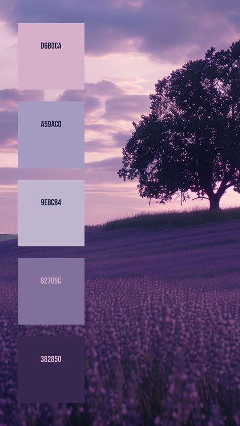 Colors:
D6B0CA
A59AC0
9E8CB4
82709C
382850 Field Of Lavender, Dark Silhouette, Wedding Theme Color Schemes, Light Clouds, Art Batts, Tree Stands, Large Tree, Lavender Field, Model Paint