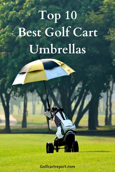 We review and rank the top 10 best golf cart umbrellas on the market today in our complete and updated buying guide. Golf Gadgets, Golf Buggy, Golf Umbrella, Golf Design, Umbrella Designs, Driving Range, Golf Gear, Golf Cart, Golf Carts