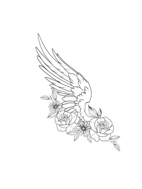 Angel Wings With Music Notes Tattoo, Pretty Memorial Tattoos, Inside Of Knee Tattoo, Memorial Tattoos Mom Sleeve, Angel Wing Flower Tattoo, Matching Wing Tattoo, Matching Memorial Tattoos, Wing Flower Tattoo, Flower Angel Wings Tattoo