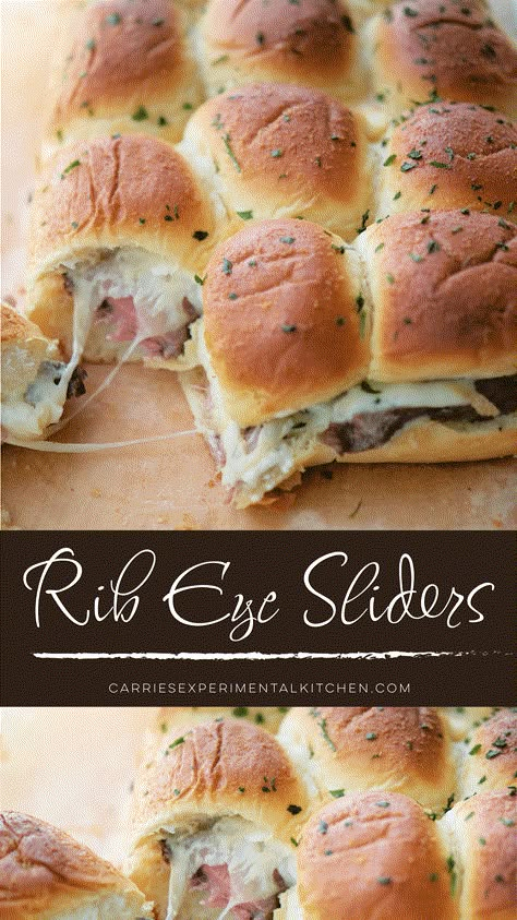 Rib Eye Sliders made with tender steak, horseradish cheddar cheese and dijonaise on Kings Hawaiian rolls topped with garlic butter.  #sliders #sandwiches #beef #steak Steak Sandwich Sliders, Steak Sliders With Horseradish, Ribeye Steak Sliders, Philly Steak Sliders Hawaiian Rolls, Steak Hawaiian Roll Sliders, Prime Rib Sliders Hawaiian Rolls, Corn Beef Sliders Recipes Hawaiian Rolls, Shaved Steak Sliders, Beef Tenderloin Sliders Appetizers