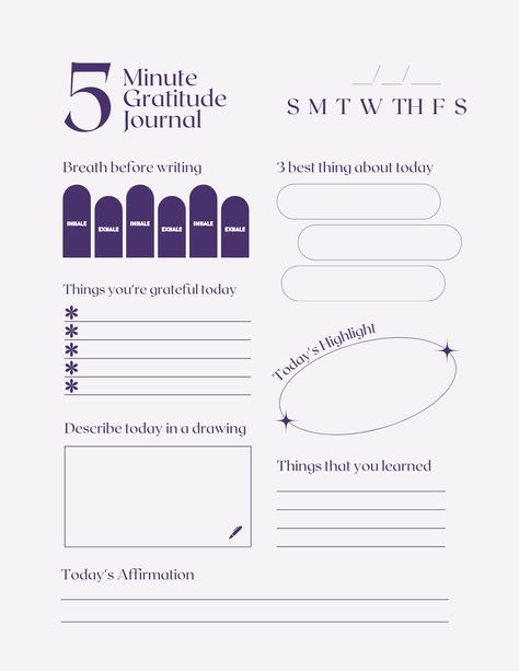 In this 5 minute journal you can write down the date, start with a breathing exercise before you journal, what were the 3 best things of today, today's highlights, things that you are grateful for, describe today in a drawing, things that you learnt, and finally your affirmation of the day! 💌⭐ 5 Minute Journal Writing Prompts, Journal Highlight Of The Day, 5 Minute Gratitude Journal, Ipad Journaling, 5 Minutes Journal, Grateful Journal, Christian Writing, 5 Minute Journal, Gratitude Journal Printable