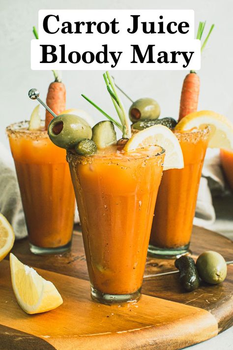 Bunny Mary cocktail in glasses topped with garnishes. Bunny Mary Cocktail, Carrot Juice Cocktail, Carrot Cocktail, Bunny Mary, Easter Side Dish Recipes, Easter Cocktail Recipes, Spicy Cocktails, Asparagus Carrots, Easter Side Dish