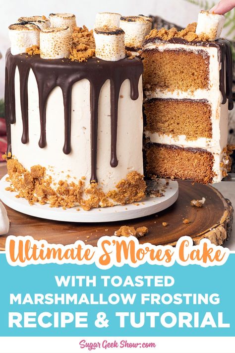 This S'mores cake tastes like it's fresh off the campfire! Layers of moist graham cracker cake, toasted marshmallow frosting, and chocolate ganache make this the ultimate s'mores cake! This is the perfect dessert for a summer picnic or bbq. Who knew you could toast marshmallow creme? It makes all the difference. Pie, Toasted Marshmallow Frosting, Smores Cake Recipe, Fluff Frosting, Weather Party, Cracker Cake, Marshmallow Fluff Frosting, Graham Cracker Cake, Campfire Cake