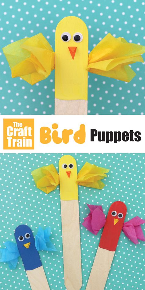 Bird Puppet, Diy Popsicle Stick Crafts, Easy Bird, March Crafts, Paper Wings, Craft Sticks, Puppet Crafts, Puppet Making, Animal Crafts For Kids