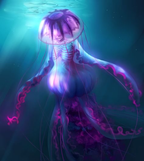 Jellyfish Human Hybrid, Jellyfish Goddess, Jellyfish Creature Concept Art, Jellyfish Alien Concept Art, Cassiopeia Jellyfish, Human Sketch, Humanoid Creatures, Image Painting, Artist Websites