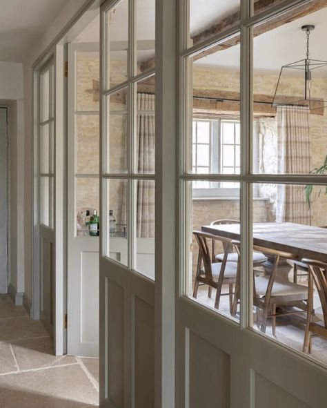 Glazed Partition, Crittal Doors, Modern Country Decor, Cotswold Cottage, Glass Partition Wall, Cottage Interior, Interior Windows, Kitchen Door, Pretty Room