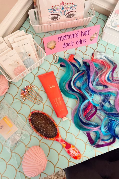 Presley's Little Mermaid Themed 6th Birthday Party - Bits of Bri Brianna K Birthday Party Planning 7 Seas Birthday Party, Four Mermaid Party, Mermaid Themed Sleepover, Five Year Old Mermaid Party, Mermaid Birthday Ideas Decoration, 1st Mermaid Birthday Party, At Home Mermaid Party, Little Mermaid 5th Birthday Party Ideas, Dive Into Five Mermaid Birthday