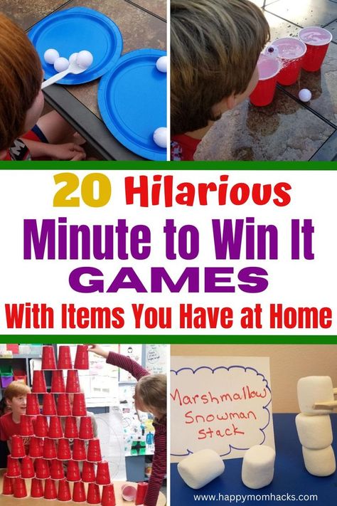 Easy & Fun Minute to Win It Games with items you have at home. Quick 1-minute games to play at birthday parties, holiday parties, classroom parties, or family game nights. The games are hilarious to watch and fun to play. Pick a few of these party games and play them at your next kid's party. It's sure to be a big hit! Easy Party Games, Games To Play With Kids, Minute Games, Birthday Party Games For Kids, Reunion Games, Minute To Win, Family Reunion Games, Minute To Win It Games, Family Party Games