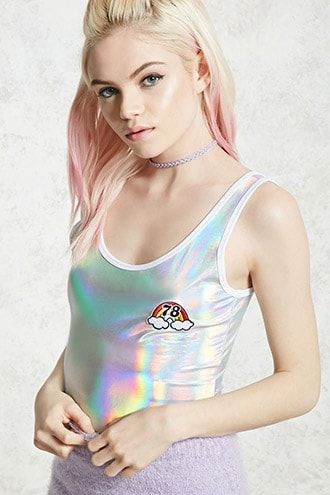 Forever 21 Cloud 78 Graphic Bodysuit , Silver/red 9.99 USD Holographic Bodysuit, Silver Bodysuit, Lesbian Outfits, Tumblr Outfits, Knit Bodysuit, Pop Fashion, Sleeveless Tank, Playing Dress Up, Forever 21 Tops