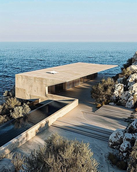 Seaside Haven by Monika Pancheva @panchevamonika @monikapancheva, An Ode to Structure 🔗 https://www.amazingarchitecture.com/visualization/seaside-haven-by-monika-pancheva-an-ode-to-structure Monika Pancheva: Seaside Haven is a modern architectural marvel situated on Portugal’s breathtaking shoreline. With 210 square meters of carefully designed space, this home masterpiece offers an unmatched living experience by the sea. With its rigid, geometric shapes, the building makes a dramatic silho... Modern House By The Sea, Pool House Architecture, Seaside Architecture, Crazy Architecture, Concrete House Design, Portland House, Coastal Architecture, Dramatic Silhouette, Brutalism Architecture