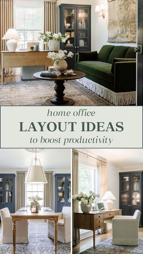 3 home office furniture layouts & decorating ideas for working with clients, working alone, or working with a co-worker. Home Office With Sitting Area Layout, Desk In Front Of Window With Curtains, Office Den Combo Layout, Office And Book Room, Home Office Couch Layout, 8x8 Office Layout, Office With Fireplace Layout, Office With Couch And Desk Layout, Desk In Living Room Ideas Layout