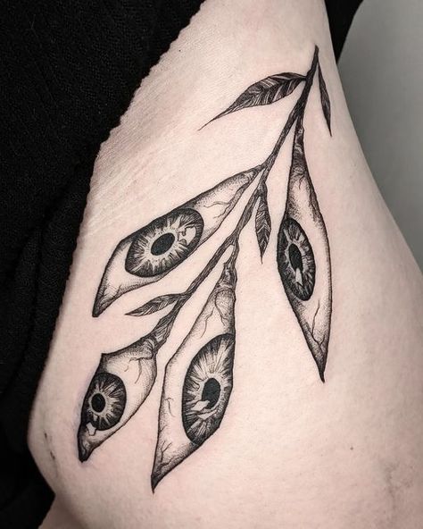 Spooky Eye Tattoo, Blackwork Plant Tattoo, Plant With Eyes Tattoo, Eye Plant Tattoo, Spooky Plant Tattoo, Macabre Tattoo Ideas, Creepy Eye Tattoo, Plant Tattoo Sleeve, Kundalini Snake