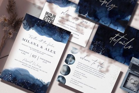 Stars And Moon Theme, Watercolor Realistic, Indigo Watercolor, Starry Night Wedding, Watercolor Invitation, Moon Wedding, Celestial Wedding, Floral Moon, Star Constellations