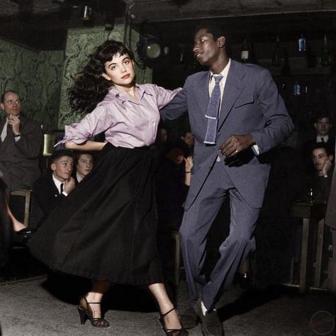 Historic Pictures on Instagram: "The young woman Claude Mocquery sets the lens, while her partner James Campbell has eyes only for her as the pair dance the be-bop in Paris. Photographed by Robert Doisneau." Dancing In Paris, Dancing Reference, Colorized History, Dancing Pose, James Campbell, Historic Pictures, Vintage Dance, Robert Doisneau, Swing Dancing