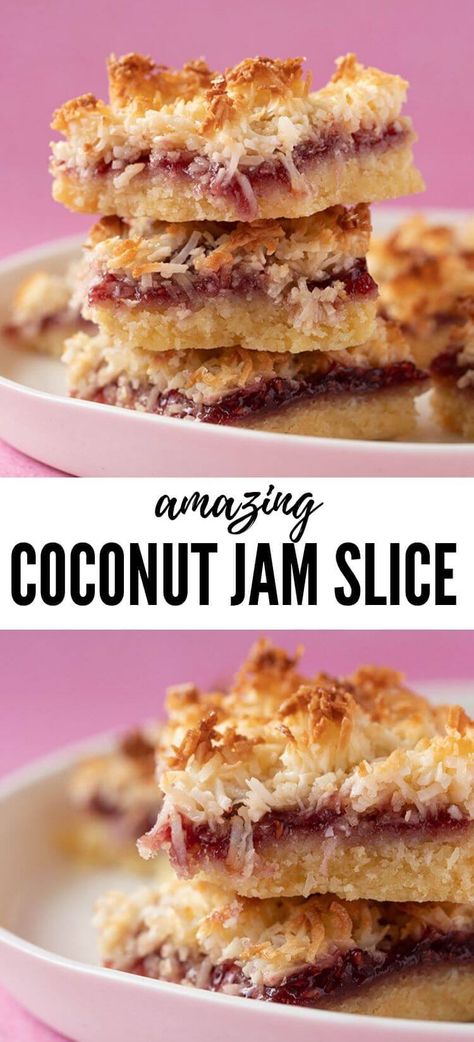 Jam Slice, Coconut Meringue, Coconut Jam, Meringue Topping, Coconut Slice, Tray Bake Recipes, Shortbread Crust, Perfect Morning, Slices Recipes