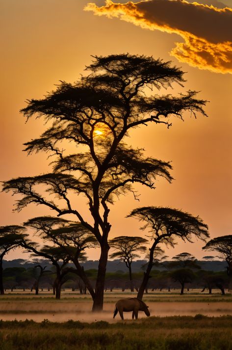 Witness the golden sunset over Hwange National Park's endless savannah plains, with acacia trees silhouetted against the sky. Immerse yourself in Zimbabwe's untouched wilderness. African Trees Silhouette, Zimbabwe Aesthetic, Savannah Africa, African Grasslands, Savannah Landscape, Safari Landscape, Africa Trees, Africa Aesthetic, Africa Pictures