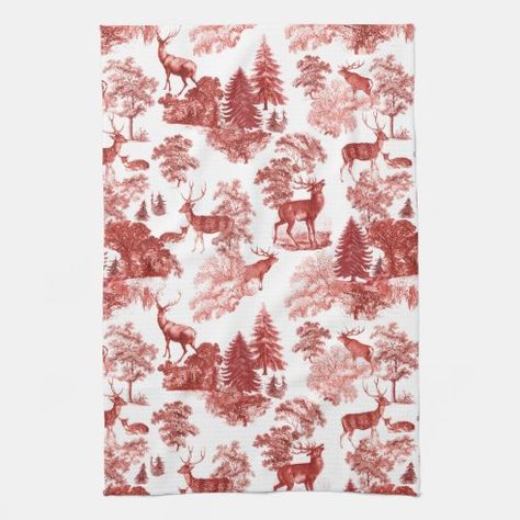 Toile Red Kitchen & Hand Towels | Zazzle Christmas Toile, Decoupage Crafts, Red Toile, Brown Deer, Toile Pattern, French Toile, Toile Fabric, Linen Kitchen Towels, Red Deer