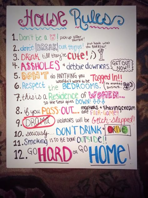 Apartment rules College Bedrooms, Bedroom Ideas College Apartment, Roommate Rules, Apartment Ideas College, Dorm Room List, Party Rules, College Apartments, College Bedroom, Apartment Checklist