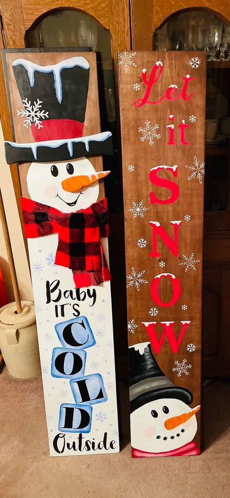 Christmas Plank Signs, Snowman Door Leaner, Wooden Welcome Signs Front Porches Diy Holiday, Christmas Wood Boards, Painted Christmas Porch Signs, Winter Door Leaner, Winter Porch Leaner Sign, Xmas Porch Signs, Snowman Welcome Sign