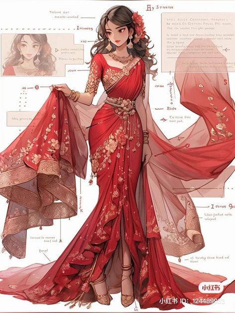 Red Dress Character, Saree Marriage, Fantasy Dress Design, Fantasy Ball, Indian Things, Avatar Art, Arabian Princess, Book Fashion, Fantasy Outfits