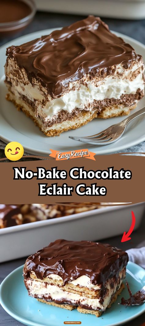 Satisfy your sweet tooth with this No-Bake Chocolate Eclair Cake. Layers of graham crackers and vanilla pudding topped with a rich chocolate frosting make this an irresistible and easy dessert everyone will love. #ChocolateEclair #NoBakeRecipe #SweetTreats Graham Cracker Eclair Cake, Graham Cracker Pudding Cake, Graham Cracker Vanilla Pudding Dessert, Chocolate Delight Recipe Graham Crackers, Graham Crackers Dessert, No Bake Chocolate Eclair Dessert, Easy Chocolate Eclair Dessert, Pudding Graham Cracker Dessert, No Bake Eclair Dessert