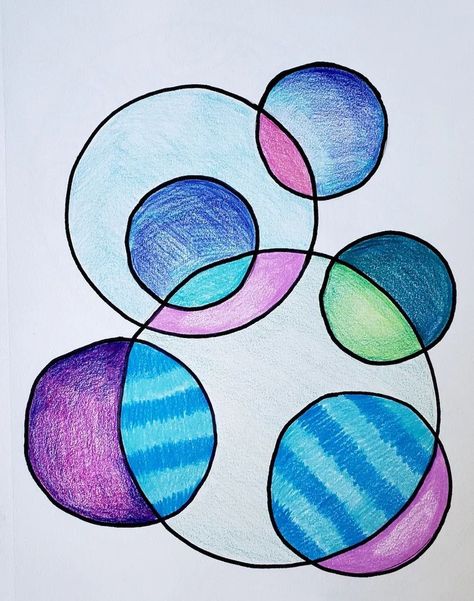 Distance Learning: Overlapping Circles – Art is Basic | An Elementary Art Blog Asymmetrical Drawing Ideas, Circle Art Design Ideas, Circle Project Design, Overlapping Circles Design, Circle Art Ideas, Drawing With Circles, Concentric Circles Art, Circle Art Design, Art With Circles