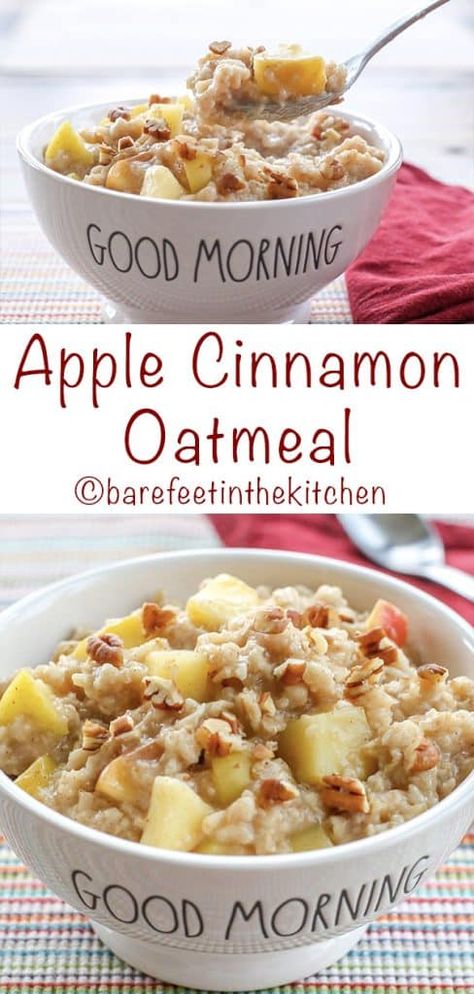 Apple Cinnamon Oatmeal is a favorite for all ages. It only takes a few minutes to get this deliciously hearty breakfast on the table! get the recipe at barefeetinthekitchen.com Apple Pecan Oatmeal, Oats With Apple And Cinnamon, Oatmeal With Rolled Oats, 1 Minute Oatmeal Recipes, Oatmeal Apple Recipes, How To Make Apple Cinnamon Oatmeal, Oatmeal With Water Recipes, One Minute Oats Recipes, Cooked Oats Breakfast