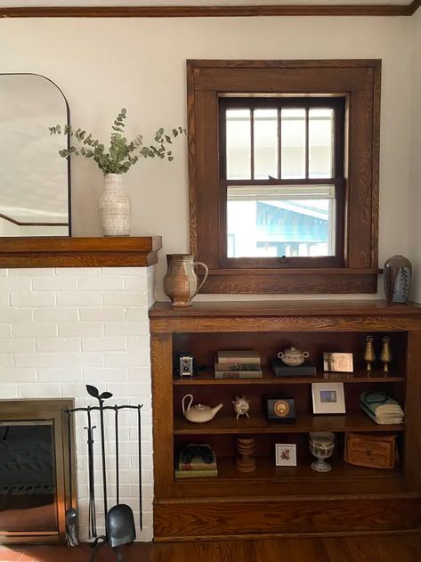 1915 Craftsman House Tour Photos | Apartment Therapy Built In Shelves Living Room Fireplace Windows, Window By Fireplace, Built In Shelves Fireplace, Craftsman Built Ins, Northern House, Bungalow Fireplace, Modern Craftsman Interior, Interior Millwork, Craftsman Interior Design