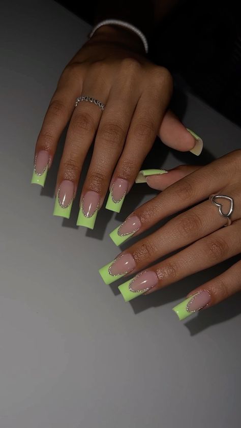 Green Ombre Square Nails, Cute Lime Green Nails, Like Green French Tip Nails, Lime Green French Nails, Line Green Nails, Lime Green Tips Nails, French Tip Unique, Green Inspired Nails, Lime Green Nails Acrylics