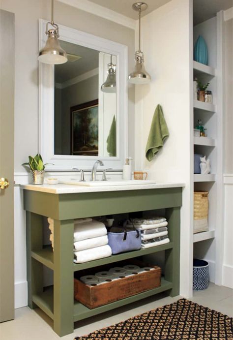 Shelves Organization, Diy Bathroom Design, Green Vanity, Diy Bathroom Vanity, Diy Toilet, Under Sink Storage, Bathroom Storage Shelves, Diy Vanity, Bathroom Storage Organization