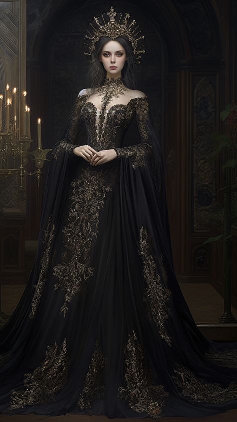 Elegant Queen Aesthetic, Evil Queen Ball Gowns, Queen Style Dress, Evil Queen Gown, High Lady Of The Night Court Dress, Empress Dress Gowns, Dark Medieval Dress, Black Dress Fantasy Gowns, Dark Queen Outfit