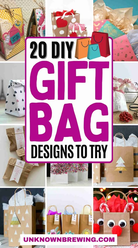 Gift Wrap Bags Diy, Decorate White Gift Bags, Cute Gift Bag Ideas For Christmas, Gift Bag Display Ideas, Paper Bag Ideas Design, Decorate Paper Bags For Christmas, Holiday Gift Bag Ideas, Decorate Gift Bags Diy, Diy Christmas Gift Bags Ideas