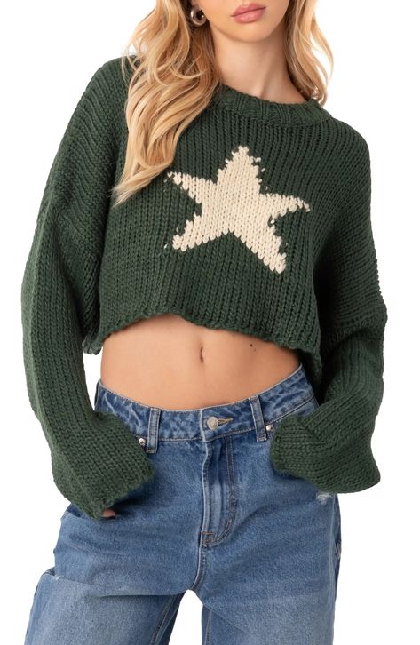 EDIKTED Mega Star Intarsia Crop Sweater | Nordstrom Intarsia Knitting, Mega Star, Cropped Pullover, Star Sweater, Crop Sweater, Knit Crop, Green Sweater, Cozy Knits, Star Designs