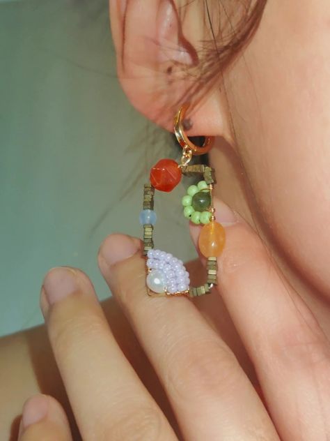 「Chinoiserie」Natural Jade Square Earrings | Three Fleas Home Made Earrings, Beading Earring, Architecture Paintings, Miyuki Earrings, Chinese Jewelry, Earrings Diy, Jade Earrings, Classical Architecture, Funky Jewelry