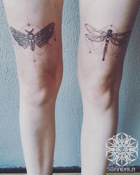 Moth and dragonfly for Dana, thank you so much for your trust! . Reworked her own designs a bit, so credit goes out to herself as well. . .… Moth And Dragonfly Tattoo, Cute Dragonfly Tattoo, Tattoos Moth, Bracelet Tattoos, Cute Dragonfly, Moth Tattoo, Dragonfly Tattoo, Body Tattoos, Cute Tattoos