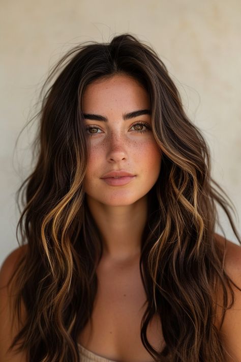 Light Brown With Dark Highlights, Long Brown Curly Hair With Highlights, Highlights Dark Brown Hair Straight, Reddish Brown Hair With Highlights, Straight Brown Hair, Surf Hair, Natural Looking Highlights, Rambut Brunette, Brunette Hair With Highlights