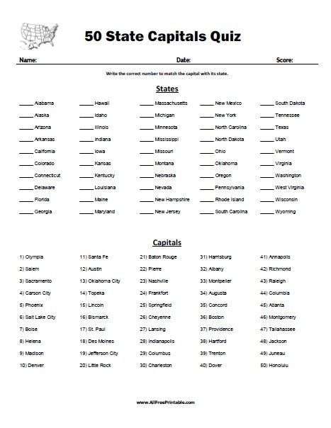 State Capitals Quiz, Learning States, Map Quiz, Us State Map, Geography Worksheets, Map Worksheets, States And Capitals, Homeschool Geography, Homeschool Social Studies