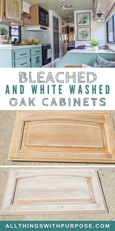 How to Bleach and White Wash Cabinets White Wash Stained Wood Cabinets, Staining Camper Cabinets, Bleaching Oak Cabinets Diy, How To Bleach Kitchen Cabinets, Whitewashed Cabinets Kitchen, How To Bleach Cabinets, How To White Wash Cabinets, Bleaching Kitchen Cabinets Diy, Lime Wash Cabinets Kitchen